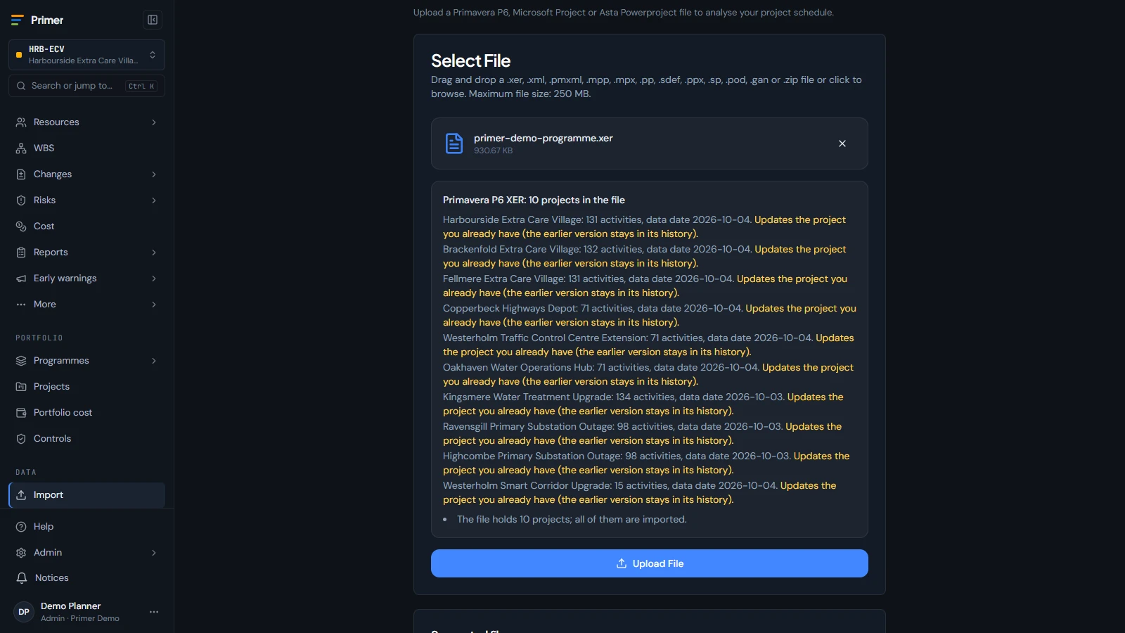 Import screen for P6 XER, P6 XML and Microsoft Project files